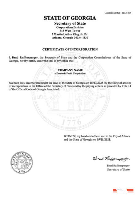 USA Georgia certificate of incorporation Word and PDF template